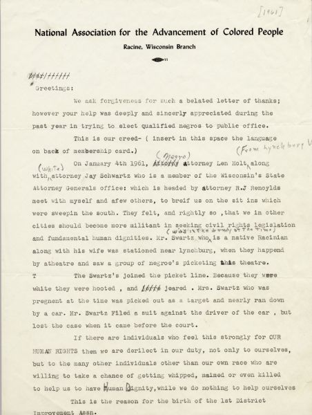 First page of a draft of a letter from the Racine branch of the National Association for the Advancement of Colored People urging more militant activity in seeking Civil Rights.