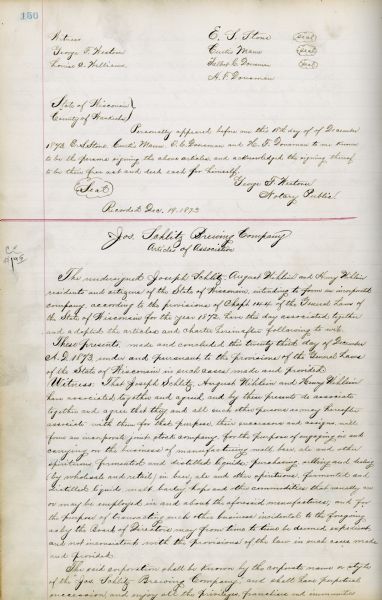 The first page of the Joseph Schlitz Brewing Company Articles of Association.