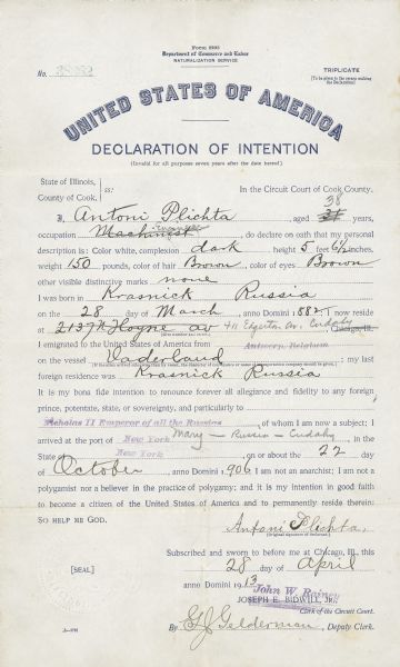 U.S. Department of Commerce and Labor Naturalization service form 2203, Declaration of Intention for Antoni Plichta filled out in Cook County, Illinois.