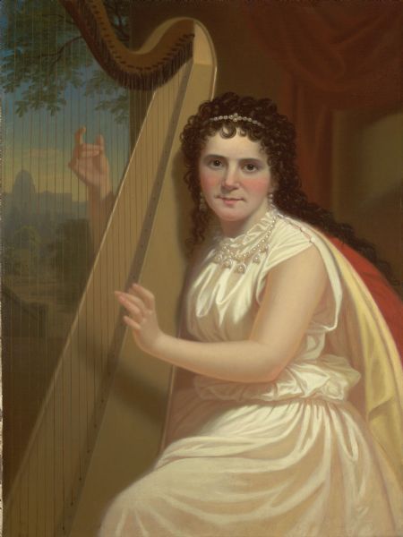 Portrait of Vinnie Ream Hoxie with a harp.