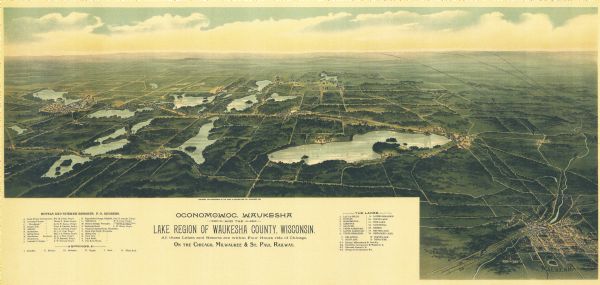 Colored bird's-eye map of Oconomowoc and the Lake Region, Waukesha County. Looking North from Government Hill. Location key below image identifies 24 Hotels and Summer Resorts with addresses, 6 springs, 15 lakes, and 5 railroad lines. Area encompasses Oconomowoc (top left corner), Lower Nemahbin lake (bottom left corner), and Waukesha (bottom right corner). Roads and terrain are indicated.