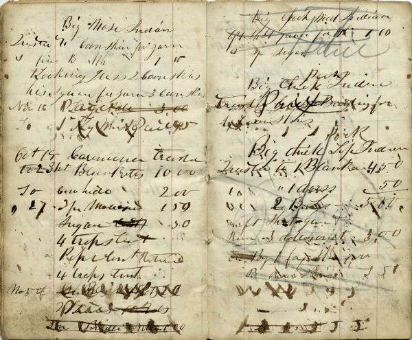 Page from Nathan Myrick's account book showing transactions with Native Americans.