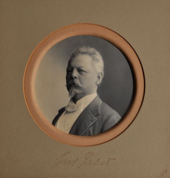 Embossed photograph (platinum print) of Fred Pabst. "Pabst, Frederick (Mar. 28, 1836-Jan. 1, 1904), brewer, business executive, b. Thuringia, Germany. He migrated with his parents to the U.S. and to Milwaukee in 1848, worked for a time as a cook in Chicago and later became captain and part owner of one of the Great Lakes ships of the Goodrich Lines. In Milwaukee, Pabst met the prominent brewer, Phillip Best, soon married Best's daughter Maria, and invested his savings in his father-in-law's brewing business. After Phillip Best retired, Pabst became co-manager of the company with Emil Schandein, and together they built it into one of the largest enterprises of its kind in the nation. Schandein handled the production end of the business, while Pabst traveled extensively, utilizing his personality and salesmanship to promote a nation-wide market by making beer synonymous with fashionable people and places. Eventually 40 or 50 distributing branches were established, with Chicago leading in sales, and the export volume of the company for a time was nearly one-third of U.S. export sales. In 1873 Pabst became president of the company, and in 1889 the firm name was changed to The Pabst Brewing Co. Pabst was also prominent in Milwaukee civic affairs, and was noted for the establishment of the Pabst Theater." (State Historical Society of Wisconsin, Dictionary of Wisconsin Biography, 1960, p. 276.)