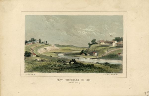 Drawing of Fort Winnebago (near present-day Portage) that illustrated  "Wau-Bun," Juliette Kinzie's memoir of her experiences on the early Wisconsin frontier. Mrs. Kinzie arrived at Fort Winnebago in 1830 with her husband, Indian agent John Kinzie, and they lived there until 1833 when he resigned. Her drawing is meant to represent the fort after the construction of the Indian Agency House on the hill to the left of the Fox River. The house was planned in 1831 and completed in 1832. In the 1930's the house was restored. The project was begun by the Wisconsin Federation of Women's Clubs and after a year the project was taken over by the Colonial Dames of America Society of Wisconsin.  "Wau-bun," published in 1857, is still regarded as a classic account of Wisconsin history.