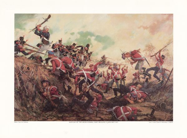 Painting depicting the Battle of New Orleans, fought on 8 January 1815. In the upper corner of the painting Major General Andrew Jackson is shown at the top of a ditch swinging the butt of his gun. American soldiers are shown coming over the top of the ditch while British soldiers make up much of the foreground on the other side. The battle was a victory for the United States and was the last battle fought in the War of 1812.