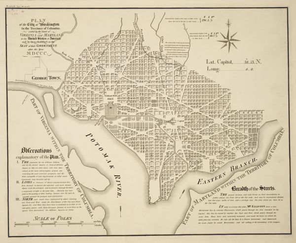 Map of Washington D.C. Labeled on the map are all the main streets, the site of the Capitol and the President's House. The map also shows the relationship of the Potomac River to the city and includes the borders of Virginia and Maryland.