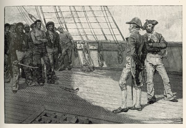 An engraving depicting the impressment of American seamen by the British Navy during the period before the War of 1812. The image shows a group of American sailors and two British sailors at opposite ends of the same boat.