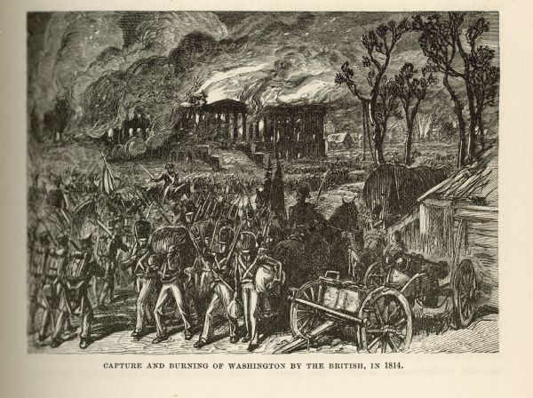 Etching depicting the burning of Washington, D.C. by the British during the War of 1812. In the foreground are a number of soldiers moving toward the Capitol. In the background the U.S. Capitol building is on fire.