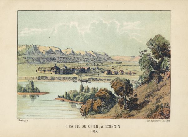 The first Fort Crawford at Prairie du Chien, with the Mississippi River in the foreground. Although dated 1830, this scene was actually painted by Henry Lewis in 1848 and published in Germany in 1854 as "The Valley of the Mississippi." Lewis relied heavily on the work of his friend, fellow artist, and soldier Seth Eastman who was stationed at the fort in 1830, so his depiction can be considered accurate. Because of the frequent flooding of the Mississippi River, a second Fort Crawford was built on higher ground and occupied about 1831.