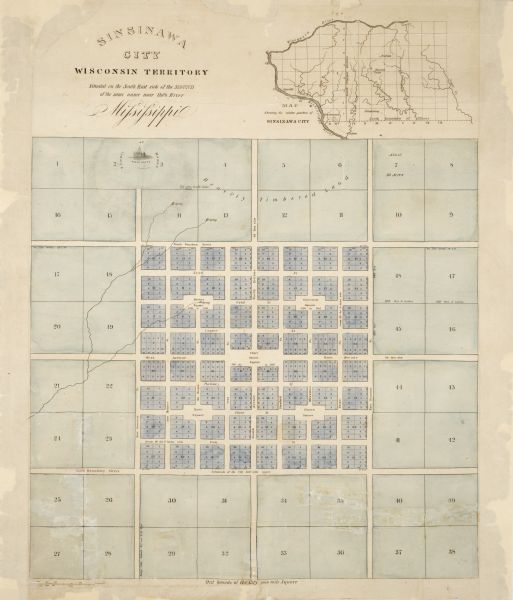 Plat for a proposed Sinsinawa City (never built), in Grant County, Wis. When it became clear in the mid-1830s that Wisconsin Territory would be established, developers vied with one another for sites to be chosen the territorial capital. George Wallace Jones (1804-1896) had settled near Sinsinawa Mound in 1827 to engage in lead mining. He served as a delegate to Congress from Michigan Territory in 1835-1836 and was instrumental in passing the legislation that established Wisconsin Territory. Beneath the small vignette of a State Capitol at the upper left of this map is the signature, "B. Chambers, W. City." Benjamin Chambers (1791-1871) was an engraver in Washington, D.C., during the first half of the 19th century who performed much work for the U.S. government. This map is presumably Jones's contribution to the debate about where a capital for Wisconsin Territory should be located. At the time, the territory would have included modern Iowa and Minnesota, making Sinsinawa a central location. This is one of many plats for paper cities that were never built.
