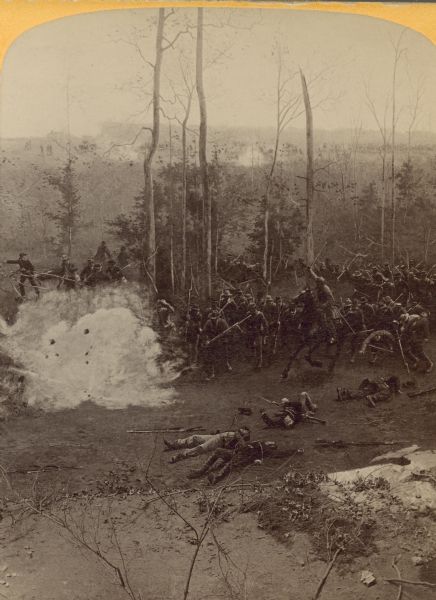 A stereograph view of a cyclorama of the Battle of Shiloh. Caption on stereograph reads, "1st Arkansas confederate. Inf. in the 'Hornets Nest.'"