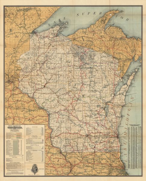 This map shows lakes, railroads, and rivers. Also includes an explanation of railroad lines and mileage and a table showing miles from cities to Milwaukee. Portions of Lake Michigan, Lake Superior, Illinois, Iowa, Michigan and Minnesota are labeled.