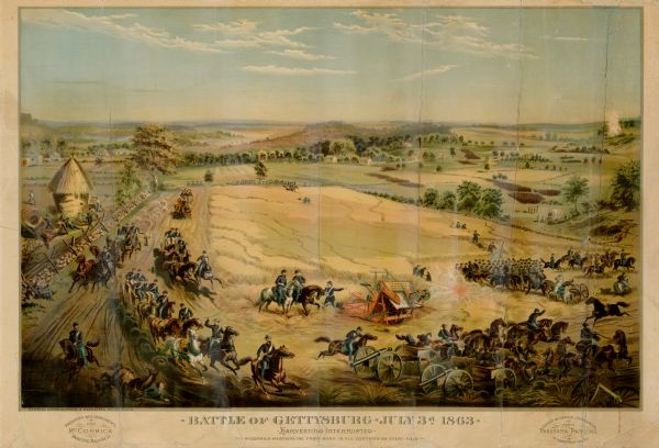 Color lithographed color advertising poster showing a McCormick grain binder at the Civil War battle of Gettysburg. The poster was based on a cyclorama by French artist Paul Philippoteaux. Produced for the McCormick Harvesting Machine Company by the Central Lithography & Engraving Company of Chicago.