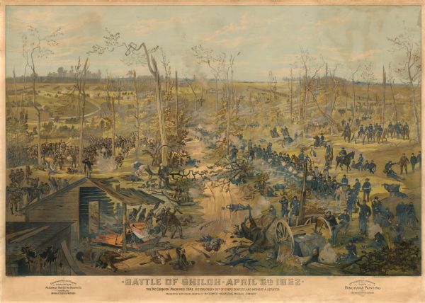 Chromolithograph advertising poster produced for the McCormick Harvesting Machine Company showing a McCormick binder stored in a shed in the middle of the battle of Shiloh during the American Civil War. The poster was based on an 1885 cyclorama by French artist Theophile Poilpot. Includes the text "the 'McCormick' machines come victoriously out of every contest and without a scratch." The battle occurred on April 6, 1862. The advertising poster was produced in 1885 and features a machine that did not exist until the 1880s.