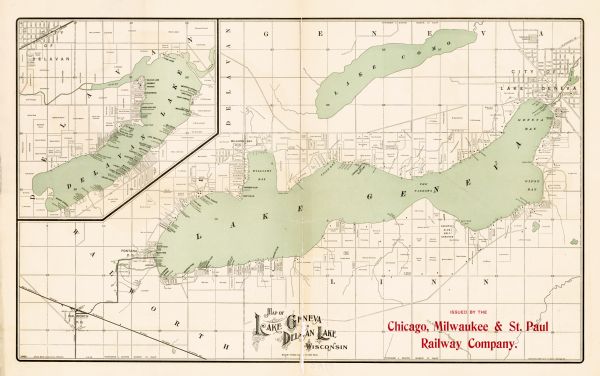 A map of Lake Geneva and Lake Delavan, also including Lake Como.