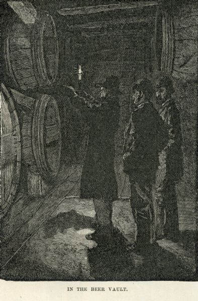 Engraved image of three men in a dark room examining kegs of beer by candlelight.