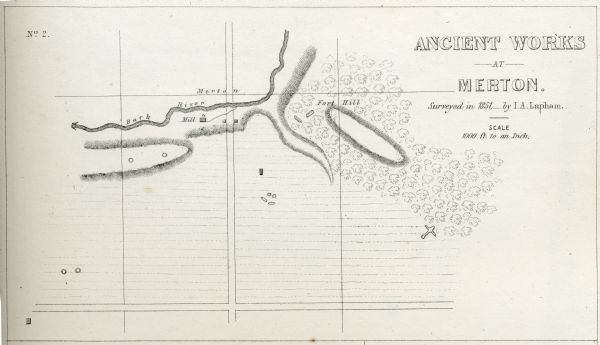 Map of a portion of Merton including the Bark River, a mill, Fort Hill, and Indian mounds.