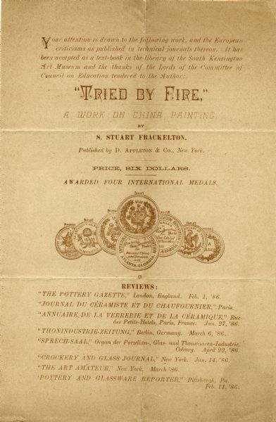Cover of an advertising pamphlet for Susan Frackelton's <i>Tried by Fire</i>. The ad features quotations from reviews and drawings of several medals won by Frackelton.