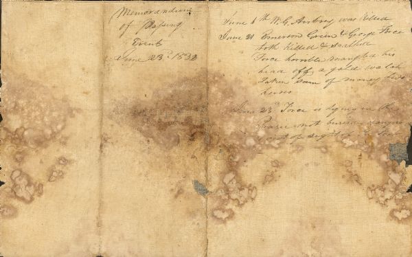 Document written by Ebenezer Brighman listing occurrences at Fort Blue Mounds.