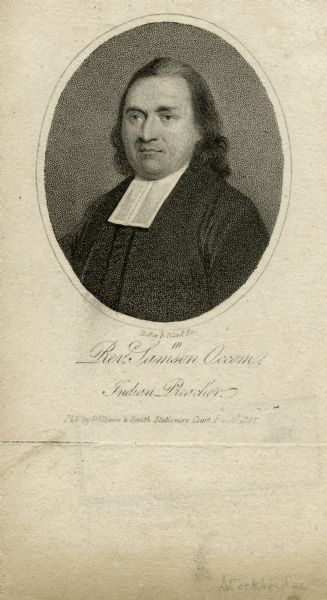 Engraved quarter-length portrait of Reverend Samson Occom.