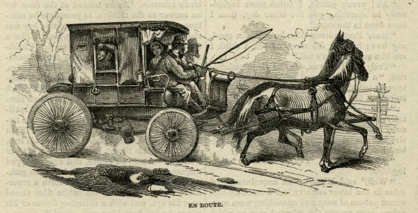 Engraved image from <i>Harper's New Monthly Magazine</i> showing people riding in a stagecoach pulled by two horses.