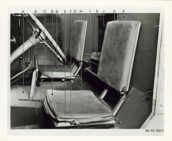 Truck Seats Labeled details of truck interior, including seats and steering wheel. Unfortunately the labels to the letters were not retained. This interior was likely for a M9 half track car military vehicle produced by International Harvester for the United States military.