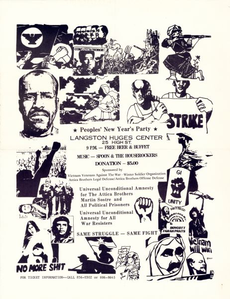 Poster advertising the Peoples' New Year's Party at the Langston Huges [sic] Center. Includes the motto "Same struggle — same fight."