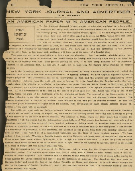 An editorial article in the "New York Journal" written by William Randolph Hearst in the wake of the sinking of the "Maine."