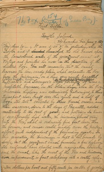 First page of the Reuben Gold Thwaites' handwritten draft manuscript for his book <i>Historic Waterways</i>.