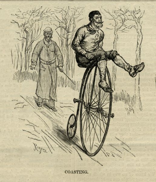 Engraved image of a man coasting on a high-wheel bicycle. He has his legs draped over the handlebars, and his hands on the handlebars, leaving the pedals free. A man in a long coat and carrying a cane walks along the path behind the rider.