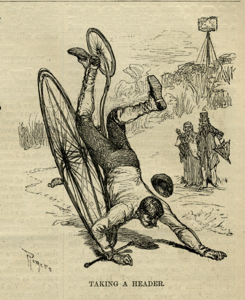 Engraved image of a man falling off of a high-wheel bicycle. Two people in the background are watching the accident.
