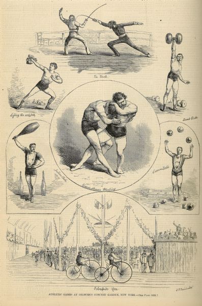 Composite of engraved images of men involved in various athletic activities: fencing, weightlifting, juggling with clubs and cannon balls, wrestling, and bicycling. The bicycling image shows the riders on an indoor, wooden track with spectators in bleachers along the outside and people seated at tables and a bandstand inside the track.