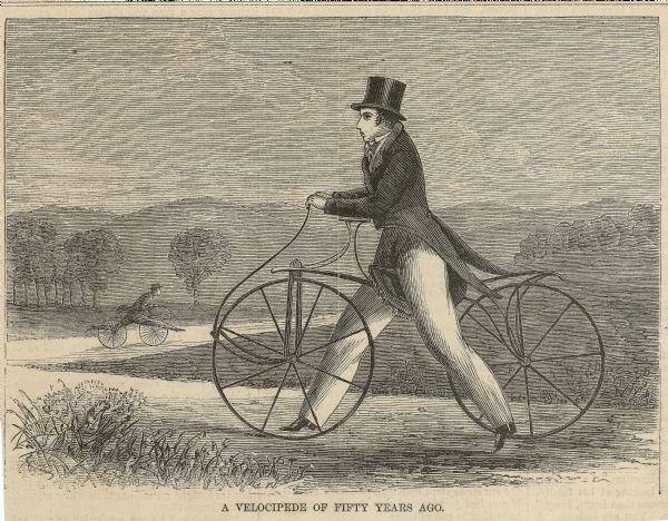 Engraved image of a man in a top hat and tails riding a velocipede. Another rider is in the background.