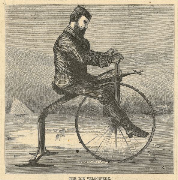 Engraved image of a man riding an ice velocipede, a bicycle-like vehicle with a studded front wheel and back blades. In the background is an iceboat.