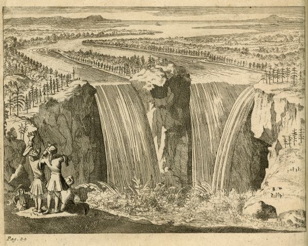 An illustration of two men looking out at Niagara Falls. The Niagara Falls in Jean Louis Hennepin’s A new discovery of a vast country in America (London: M. Bentley, et als., 1698), ill. at p. 29.