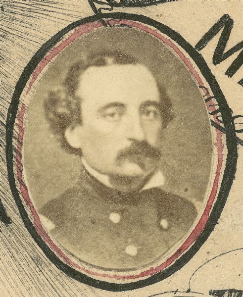 Head and shoulders portrait of Major Charles Hamilton, in a detail from the roster of Company D, Seventh Wisconsin Infantry Regiment known as the Stoughton Light Guard.