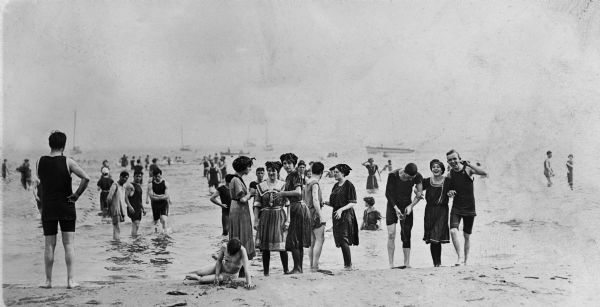 Popular bathing beaches like this one on Lake Michigan offered relief from the heat as well as the opportunity to be seen in the latest fashions of the 1910s.