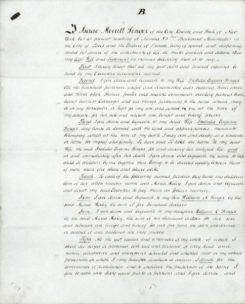 The front page of the last will and testament of Isaac Merritt Singer, founder of the Singer Sewing Machine Company.