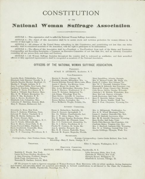 A copy of the Constitution of the National Woman Suffrage Association, which was attached to a letter from Susan B. Anthony to Matilde Franziska Anneke.