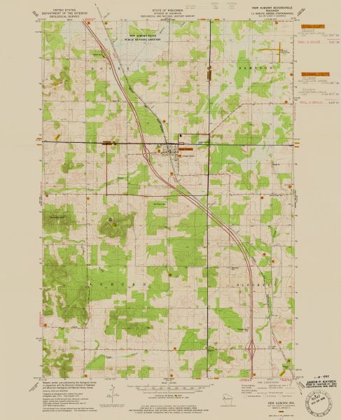 This standard U.S.G.S. topographic map was annotated by civil engineer and railroad historian James P. Kaysen to show the location of existing and defunct rail lines around the community of New Auburn.