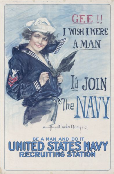 United States Navy recruitment poster. Depicts a woman in a naval uniform.