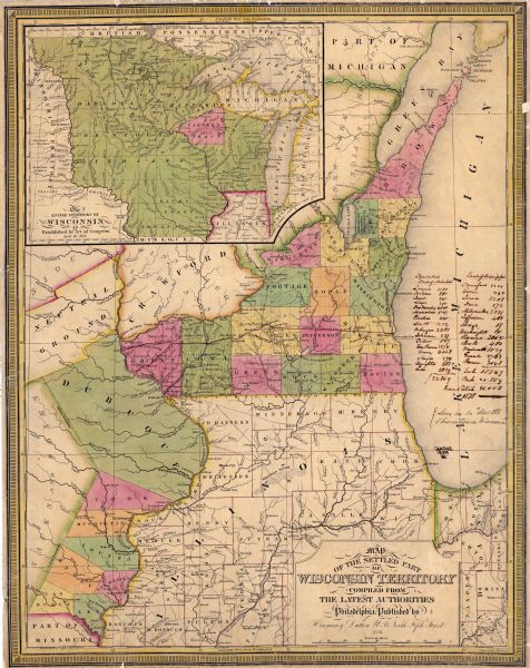 A color map of the settled part of Wisconsin Territory in 1838, including an inset map of the "Entire Territory of Wisconsin as Established by Act of Congress, April 10, 1836."