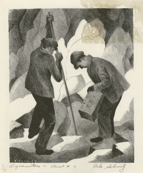 Lithograph of two men using dynamite to break rock. One man is prying at a crevasse with a pole.