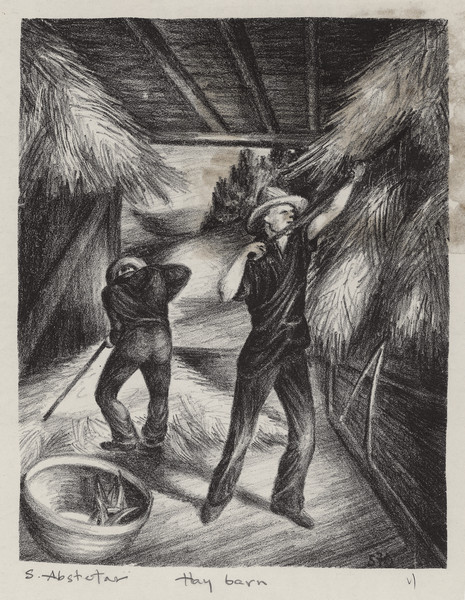 Lithograph print of a drawing depicting two men working in a hay barn.