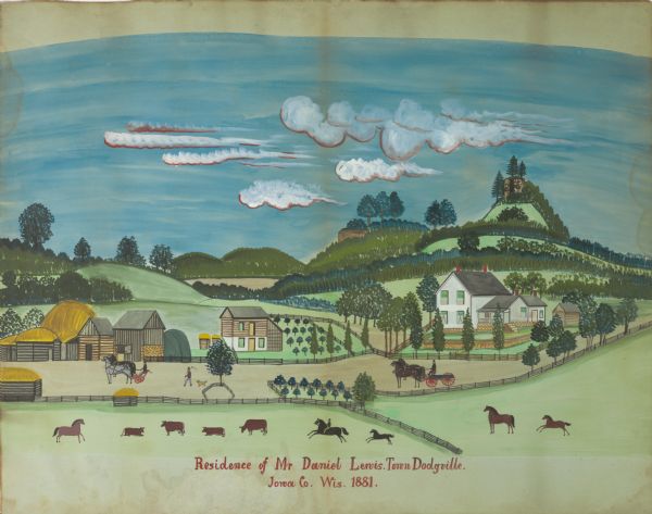 Watercolor painting of farm and farmhouse, residence of Mr. Daniel Lewis. 
