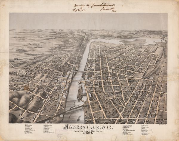 Bird's-eye map of Janesville on the Rock River.