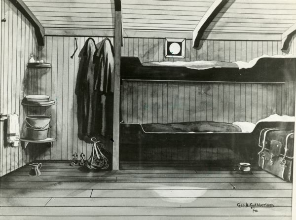 Sailing Ship Cabin An illustration of a two-berth cabin on a sailing ship, including a wash basin, long coats on coat hooks and a large traveling trunk.