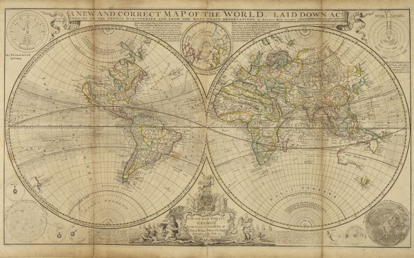 Engraved double-hemispherical world map by Moll, included in his atlas The world described, or, A new and correct sett of maps: shewing the kingdoms and states in all the known parts of the earth, with principal cities, and most considerable towns in the world . . . Includes a dedication to King George II.
