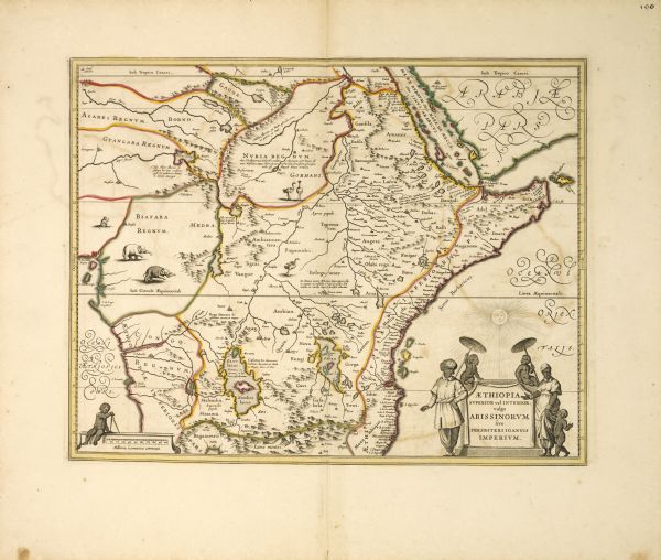 Engraved and hand-colored map of Ethiopia, from Blaeu's General Atlas. Map title is framed by a man and a woman, both wearing head turbans, who are standing on the left and right. Two naked child servants are perched on top of the title column shielding the man and woman from the sun with parasols. The woman is holding the hand of another naked child, while gesturing towards the map title.