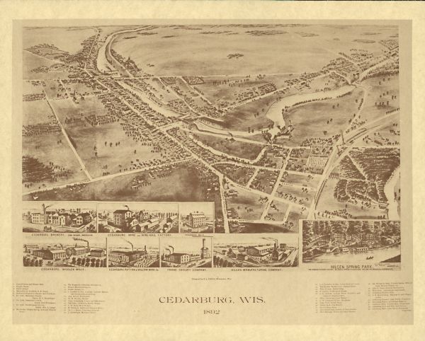 This map of Cedarbug is a bird's-eye map with 8 inset views and an index. The map is a print out of the original map dated 1892 held at the Cedarburg Cultural Center.
	
